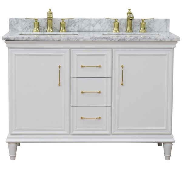 49" Double vanity in White finish with White Carrara and rectangle sink