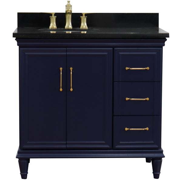 37" Single vanity in Blue finish with Black galaxy and oval sink- Left door/Left sink
