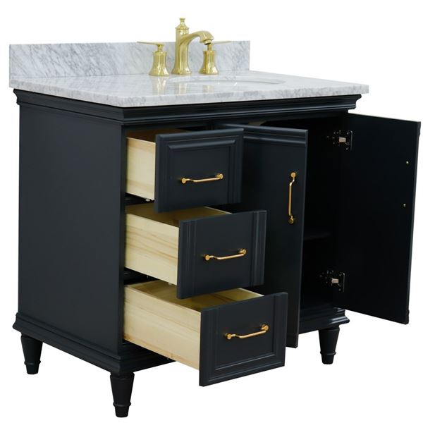 37" Single vanity in Dark Gray finish with White Carrara and oval sink- Right door/Right sink