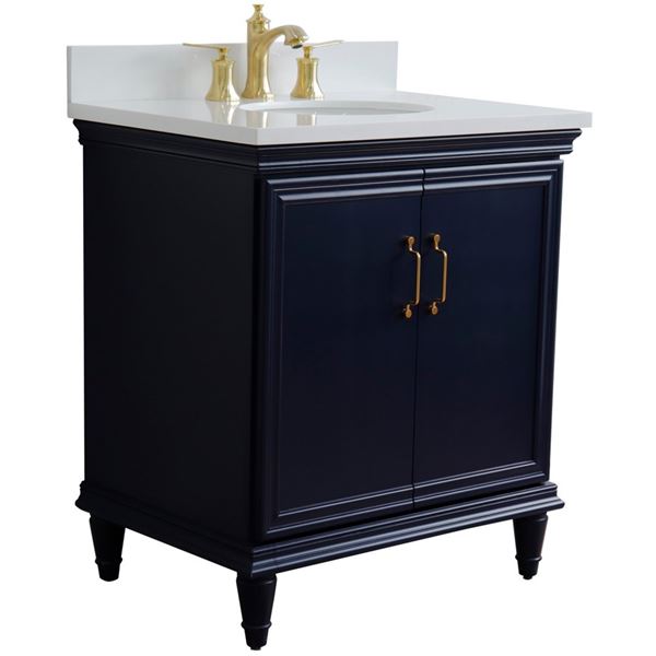 31" Single Vanity in Blue Finish With White Quartz and Oval Sink