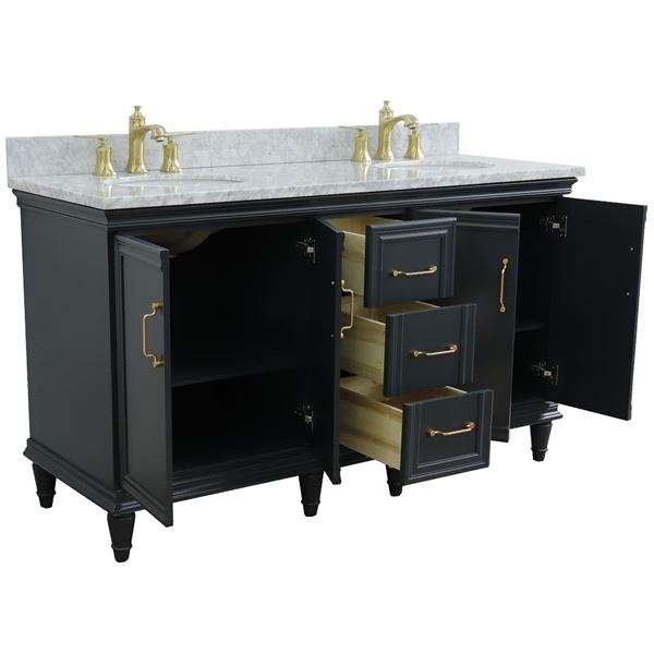 61" Double sink vanity in Dark Gray finish and White carrara marble and oval sink
