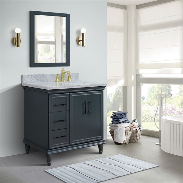 37" Single Vanity in Dark Gray Finish with White Carrara and Oval Sink- Right Door/Right Sink