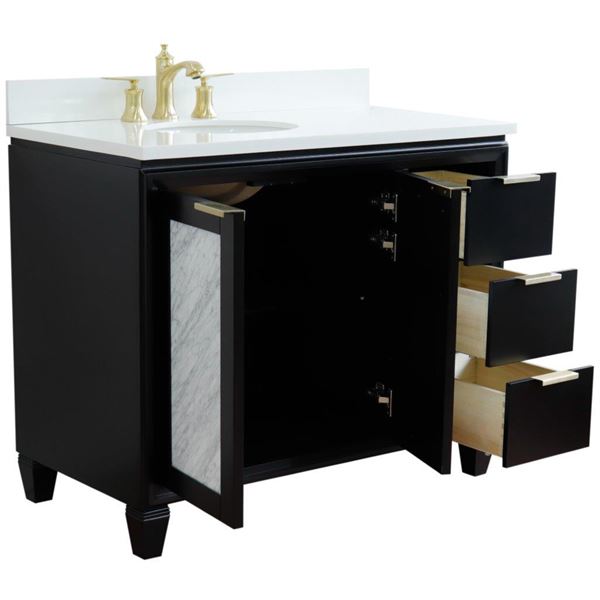 43" Single Vanity in Black Finish With White Quartz and Oval Sink- Left Door/Left Sink