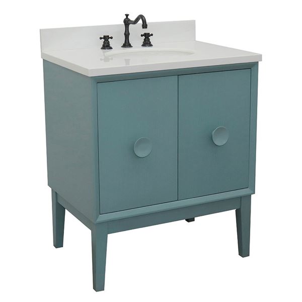 31" Single Vanity in Aqua Blue Finish With White Quartz Top and Oval Sink