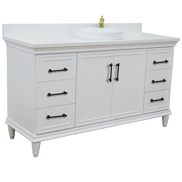 61" Single Vanity in White Finish with White Engineered Stone Top, Round Sink