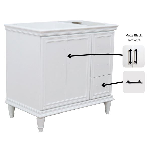 37" Single Vanity in White Finish with Black Galaxy and Oval Sink- Left Door/Left Sink