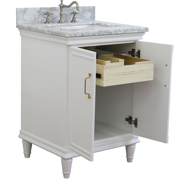25" Single vanity in White finish with White Carrara and rectangle sink