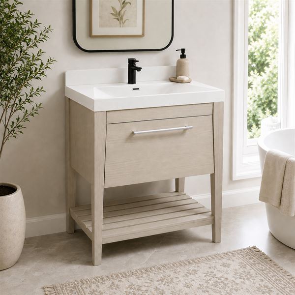 31.5" Single Sink Vanity In Light Gray Finish with White Composite Granite Top