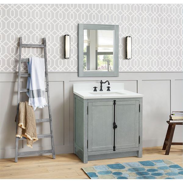 31″ Single Vanity in Gray Ash Finish with White Quartz Top and Rectangle Sink