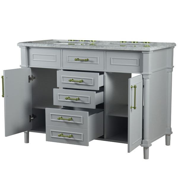 Napa 48 in. Double Vanity in Light Gray with White Carrara Marble Top with Gold Hardware
