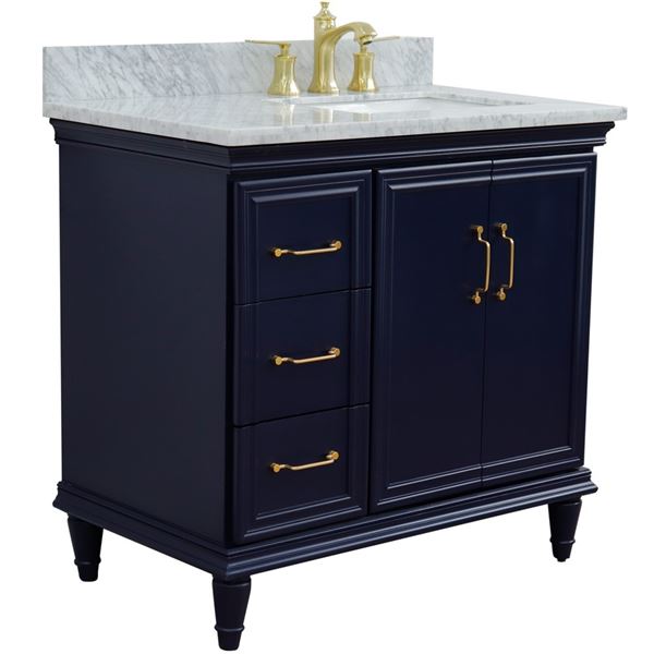 37" Single vanity in Blue finish with White Carrara and rectangle sink- Right door/Right sink
