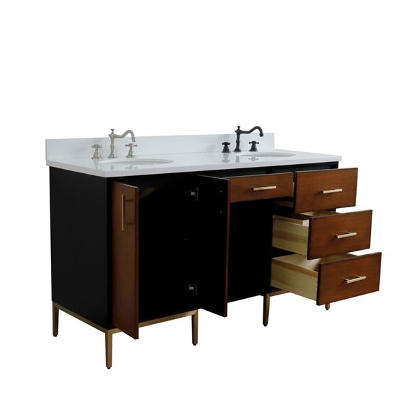 61" Double Sink Vanity in Walnut and Black Finish and White Quartz and Oval Sink