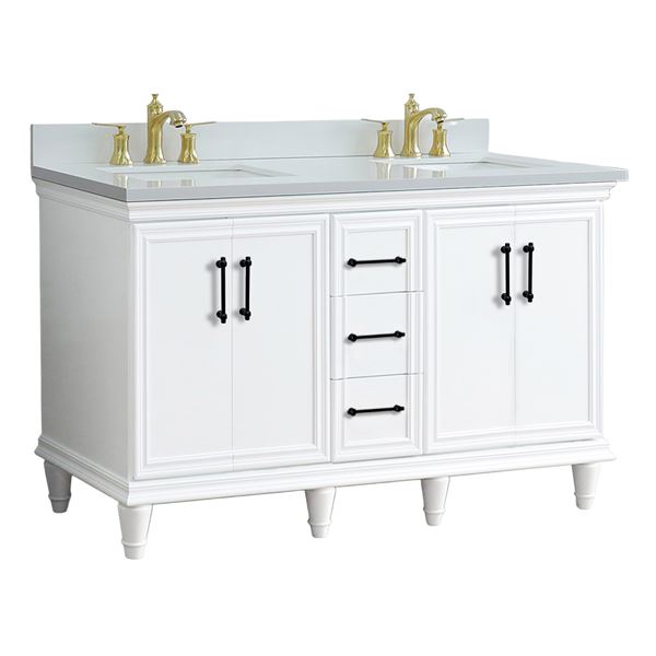 61" Double Sink Vanity in White Finish and White Quartz and Rectangle Sink