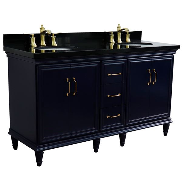 61" Double sink vanity in Blue finish and Black galaxy granite and oval sink