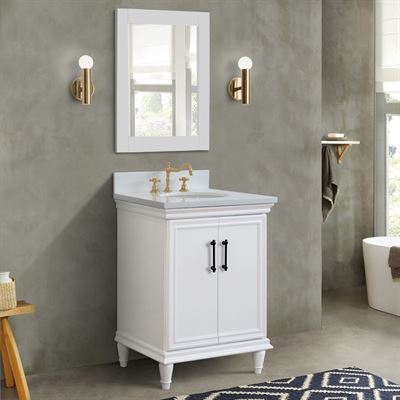 25" Single Vanity in White Finish with White Engineered Stone Top, Oval Sink