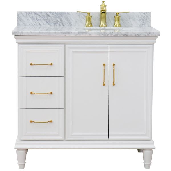 37" Single vanity in White finish with White Carrara and oval sink- Right door/Right sink