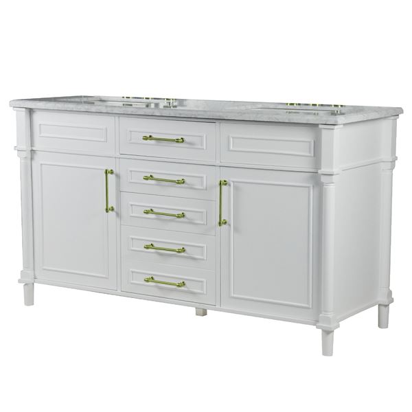 Napa 60 in. Double Vanity in White with White Carrara Marble Top with Gold Hardware