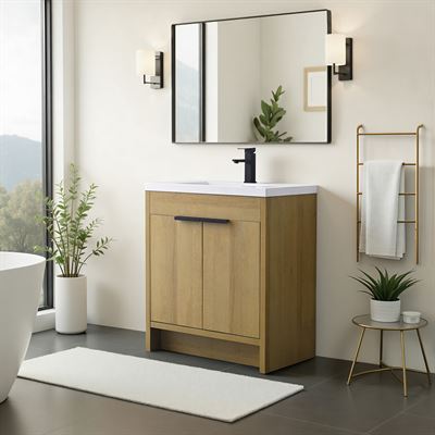 30 in. Single Vanity in Natural Oak finish with Solid Surface Resin White Sink