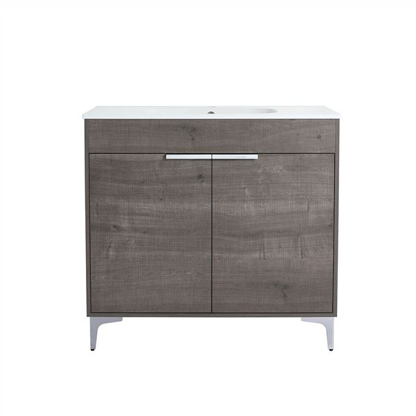 36 in. Single Vanity in Gray Oak finish with Solid Surface Resin White Sink
