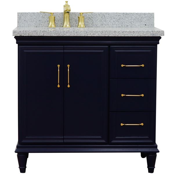 37" Single vanity in Blue finish with Gray granite and oval sink- Left door/Left sink