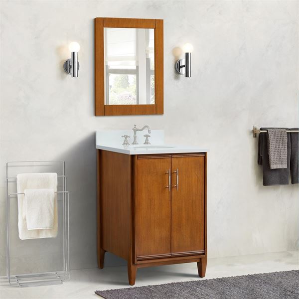 25″ Single Sink Vanity in Walnut Finish with White Quartz and Oval Sink