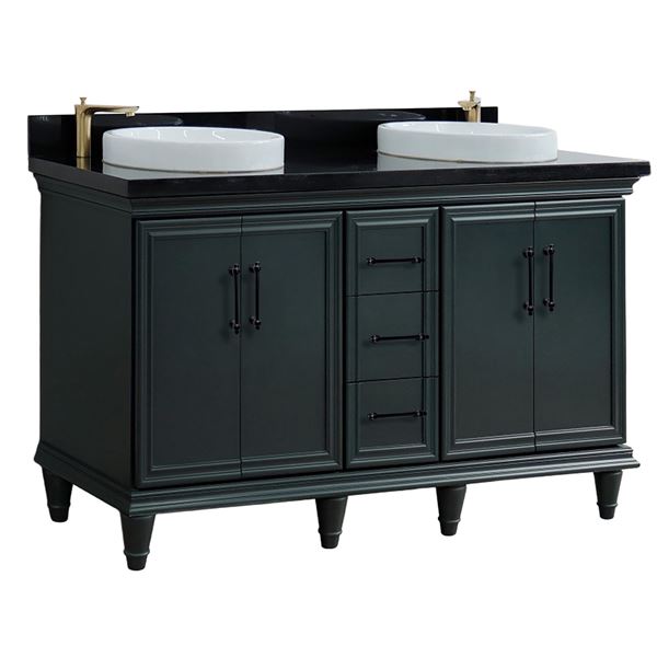 61" Double Sink Vanity in Dark Gray Finish and Black Galaxy Granite and Round Sink