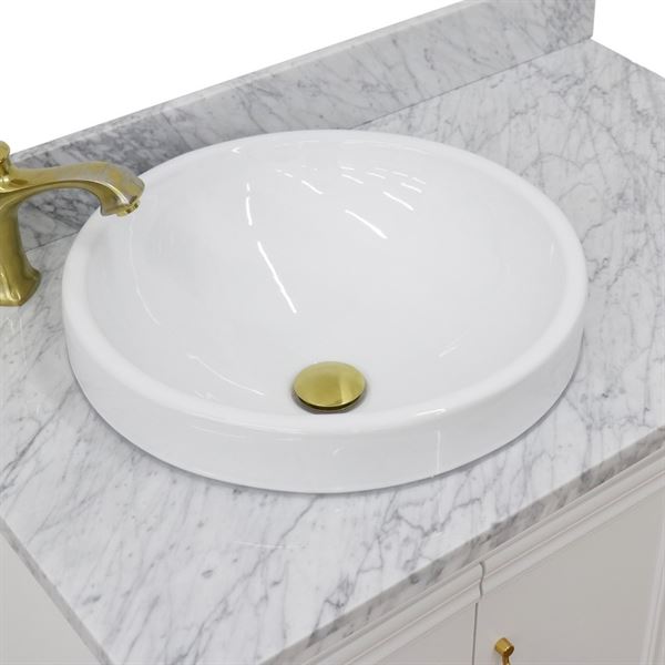 37" Single vanity in White finish with White Carrara and round sink- Left door/Left sink