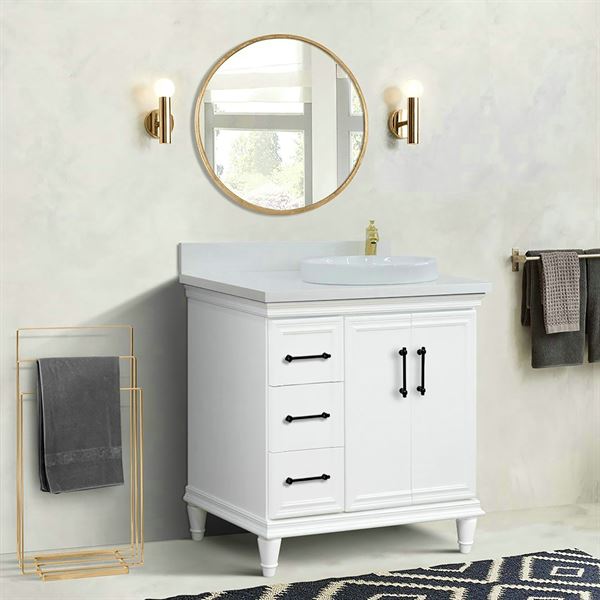 37" Single Vanity in White Finish with White Engineered Stone Top, Round Sink- Right Door/Right Sink