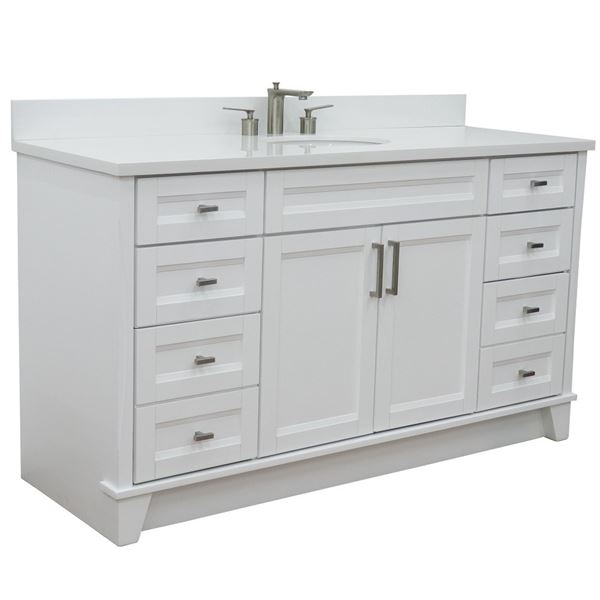 61" Single Sink Vanity in White Finish and White Quartz and Oval Sink