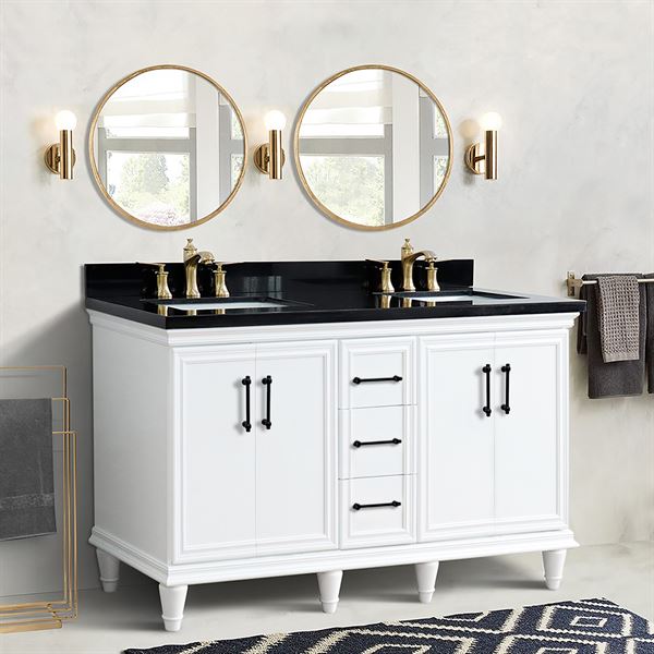 61" Double Sink Vanity in White Finish and Black Galaxy Granite and Rectangle Sinks