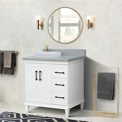 37" Single Vanity in White Finish with Gray Granite and Round Sink- Left Door/Left Sink