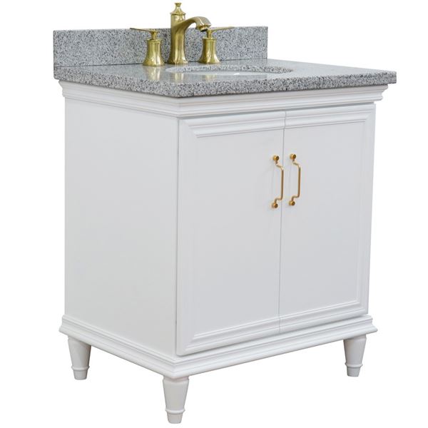 31" Single vanity in White finish with Gray granite and oval sink