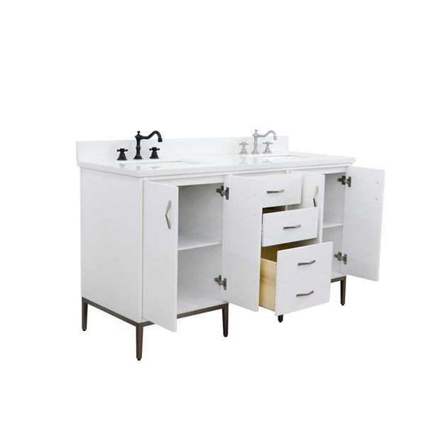 61" Double Sink Vanity in White Finish With White Quartz and Rectangle Sink