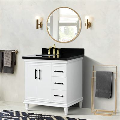 37" Single Vanity in White Finish with Black Galaxy and Oval Sink- Left Door/Left Sink