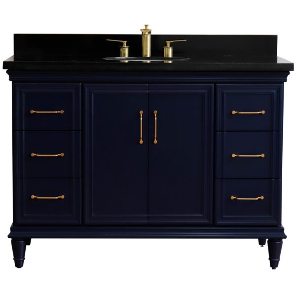 49" Single sink vanity in Blue finish with Black galaxy granite and and oval sink