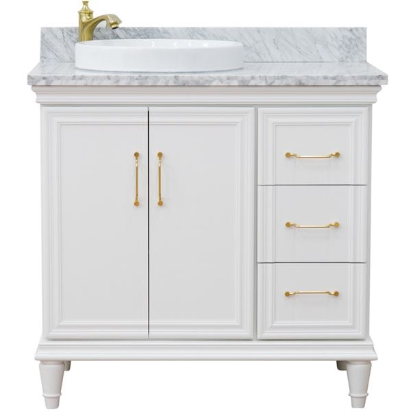 37" Single vanity in White finish with White Carrara and round sink- Left door/Left sink