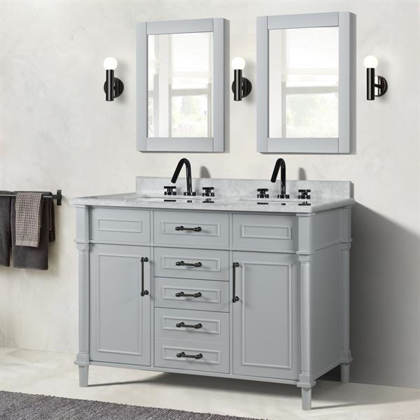 Napa 48 in. Double Vanity in Light Gray with White Carrara Marble Top with Black Hardware