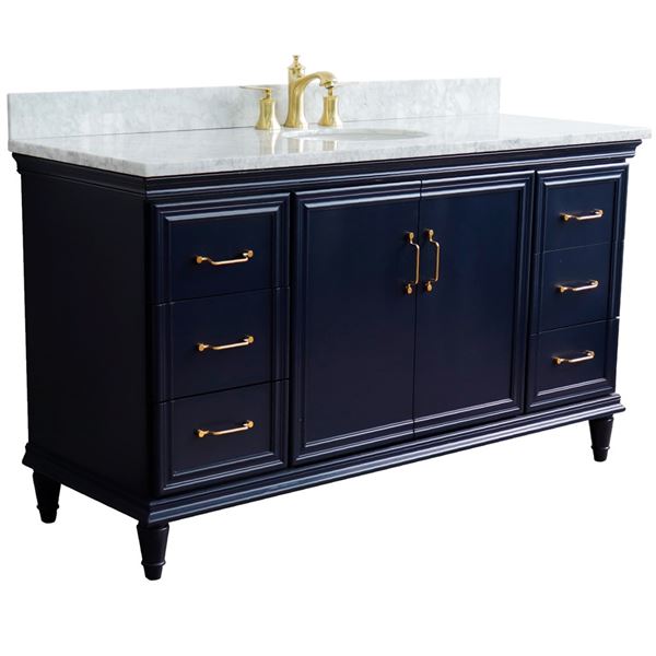 61" Single sink vanity in Blue finish and White carrara marble and oval sink