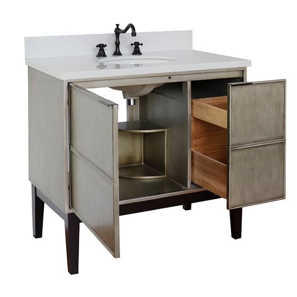 37" Single Vanity in Linen Brown Finish With White Quartz Top and Oval Sink