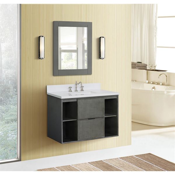 37″ Single Wall Mount Vanity in Linen Gray Finish with White Quartz Top and Rectangle Sink