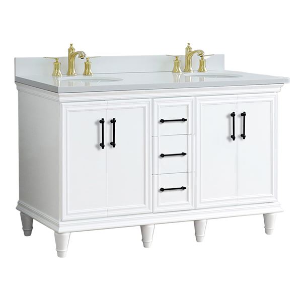 61" Double Sink Vanity in White Finish with White Engineered Stone Top, Oval Sinks