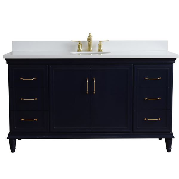 61" Single Sink Vanity in Blue Finish and White Quartz and Oval Sink