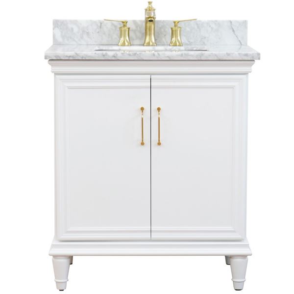 31" Single vanity in White finish with White Carrara and rectangle sink