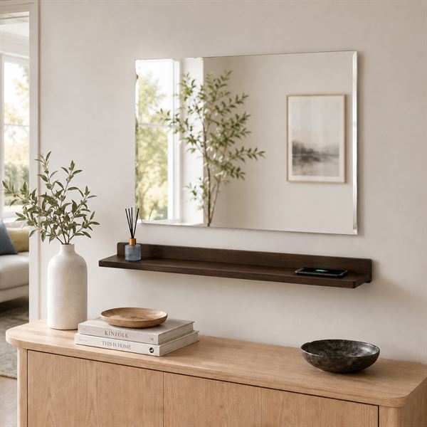 35" Rustic Wood Wireless Charging Shelf and Frameless Mirror Set