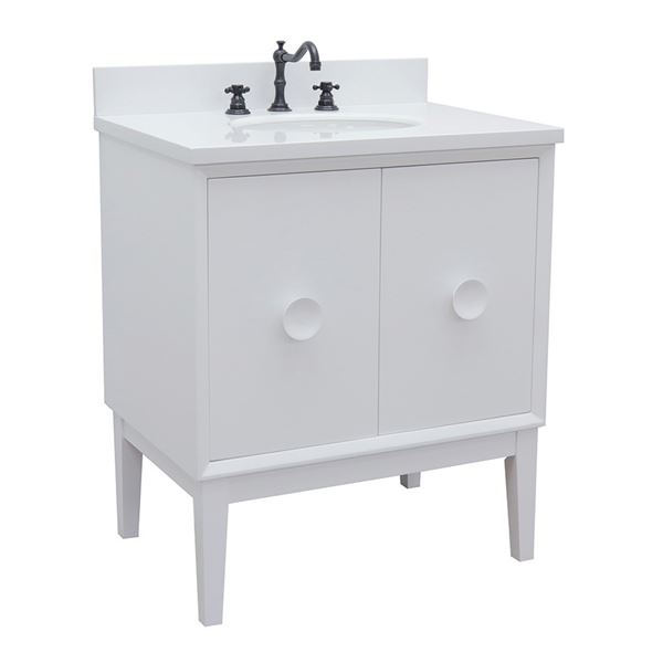 31″ Single Vanity in White Finish with White Quartz Top and Oval Sink