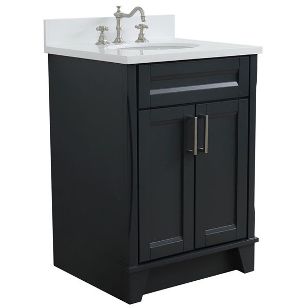 25" Single Sink Vanity in Dark Gray Finish With White Quartz and Oval Sink