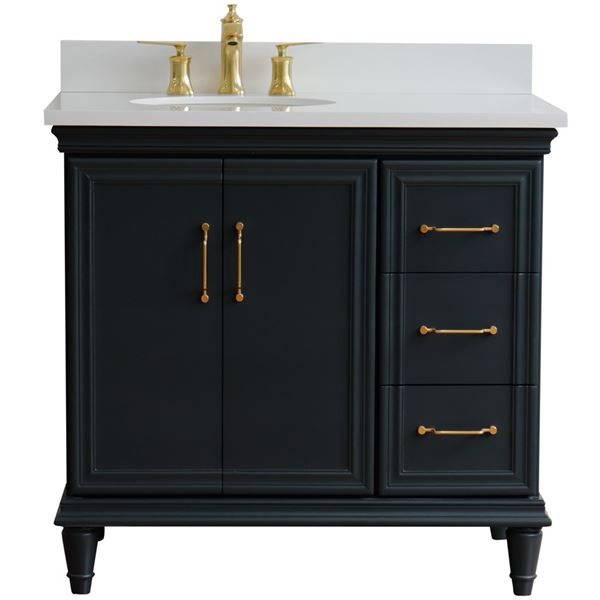 37" Single vanity in Dark Gray finish with White quartz and oval sink- Left door/Left sink