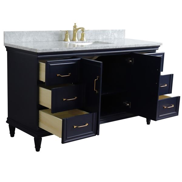 61" Single sink vanity in Blue finish and White carrara marble and rectangle sink