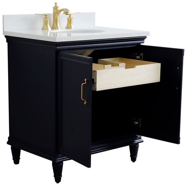 31" Single vanity in Blue finish with White quartz and oval sink