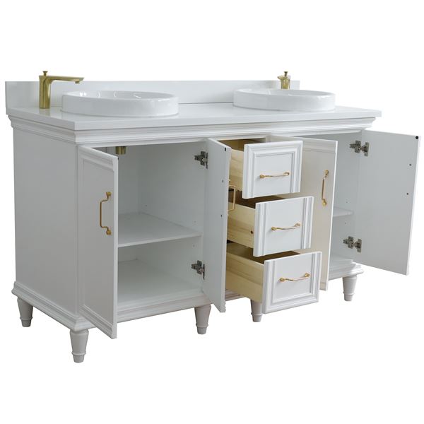 Forli 61 in. Double Sink Vanity in White Finish with White Engineered Stone Top, Round Sinks